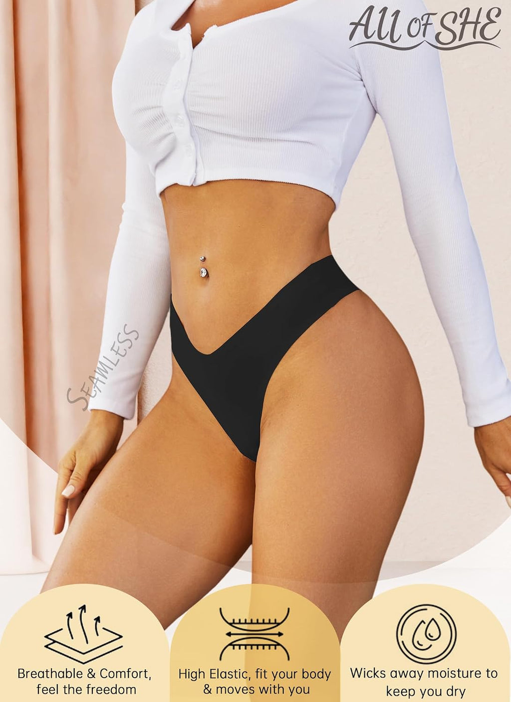Seamless Thongs for Women No Show V-Waisted Invisible Sexy Panties Tangas Thong Underwear Women 6 Pack