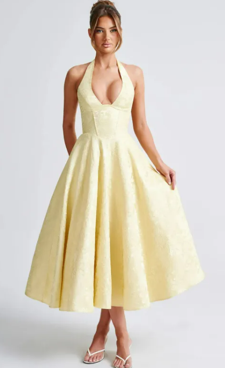 Vestido con cuello en V, halter, sin mangas, con lazada en jacquard en la cintura