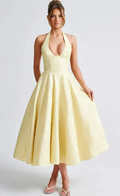 Vestido con cuello en V, halter, sin mangas, con lazada en jacquard en la cintura