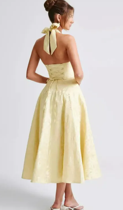 Vestido con cuello en V, halter, sin mangas, con lazada en jacquard en la cintura