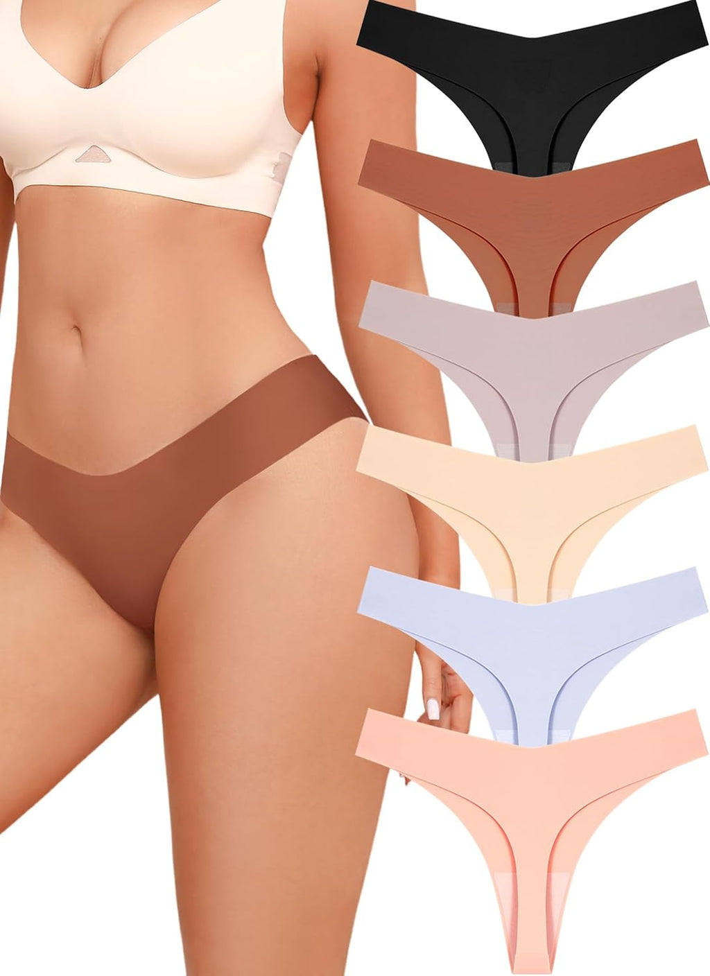 Seamless Thongs for Women No Show V-Waisted Invisible Sexy Panties Tangas Thong Underwear Women 6 Pack
