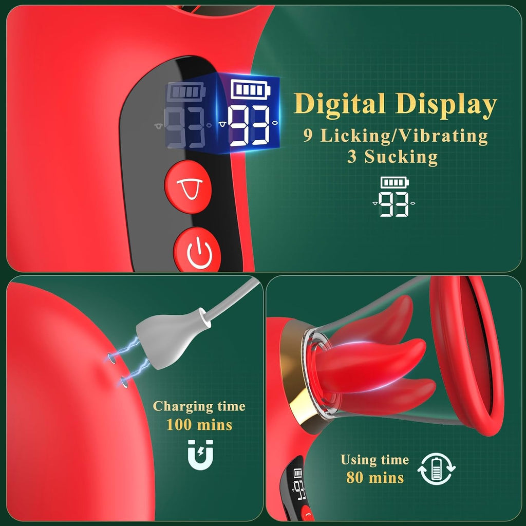 Gasevimo 5-in-1 Rose Toy Vibrator with App Control, 3 Sucking & 9 Licking Modes, LCD Display, Waterproof, Rose Red