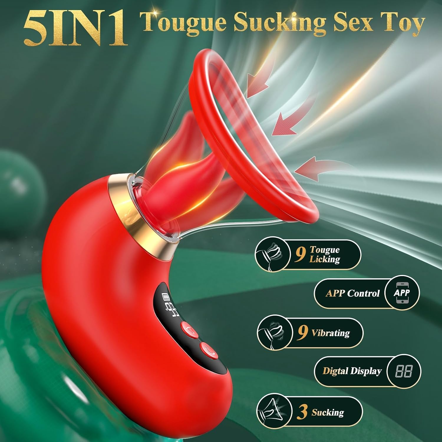 Gasevimo 5-in-1 Rose Toy Vibrator with App Control, 3 Sucking & 9 Licking Modes, LCD Display, Waterproof, Rose Red