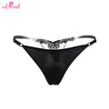 Women's Crotchless Lace Thong Panties Rhinestone Floral Embroidery