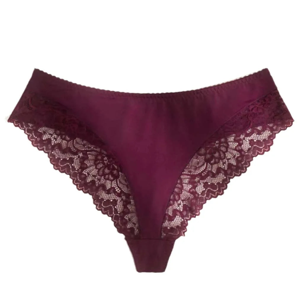 Women's Lace Thong Mid-Rise Nylon Cotton Panties Anti-Bacterial