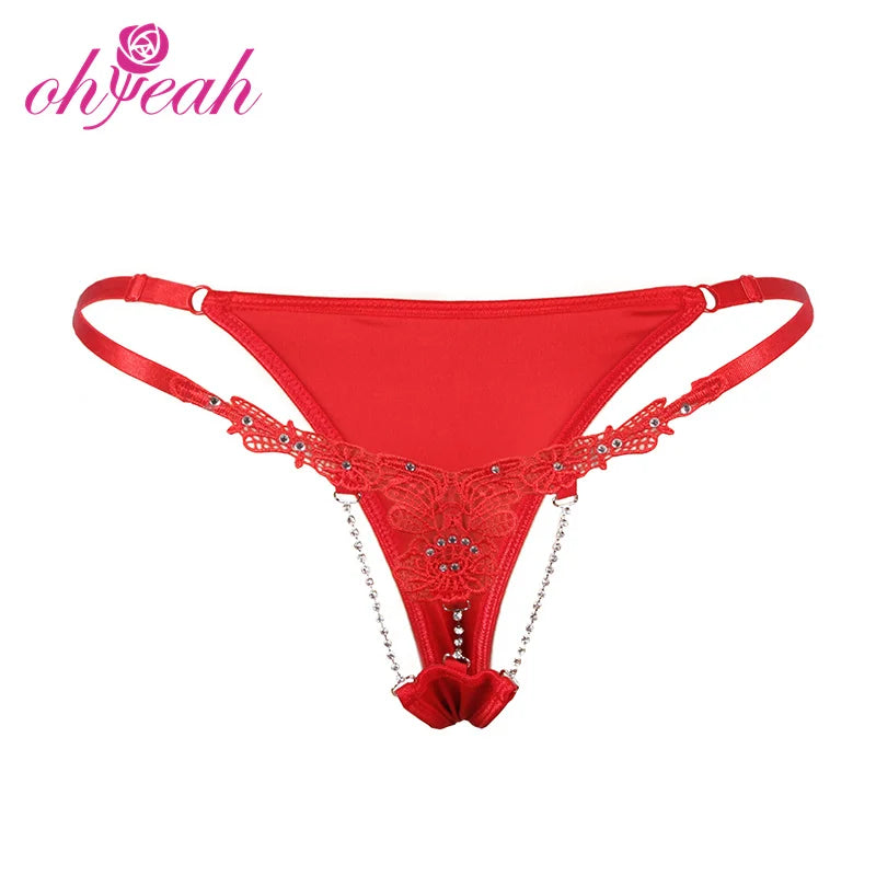 Women's Crotchless Lace Thong Panties Rhinestone Floral Embroidery