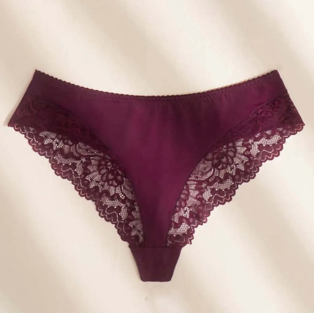 Women's Lace Thong Mid-Rise Nylon Cotton Panties Anti-Bacterial