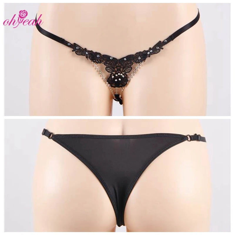 Women's Crotchless Lace Thong Panties Rhinestone Floral Embroidery