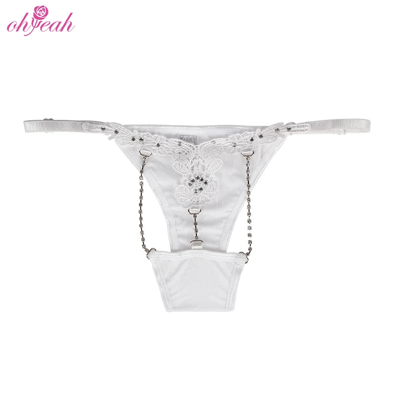 Women's Crotchless Lace Thong Panties Rhinestone Floral Embroidery
