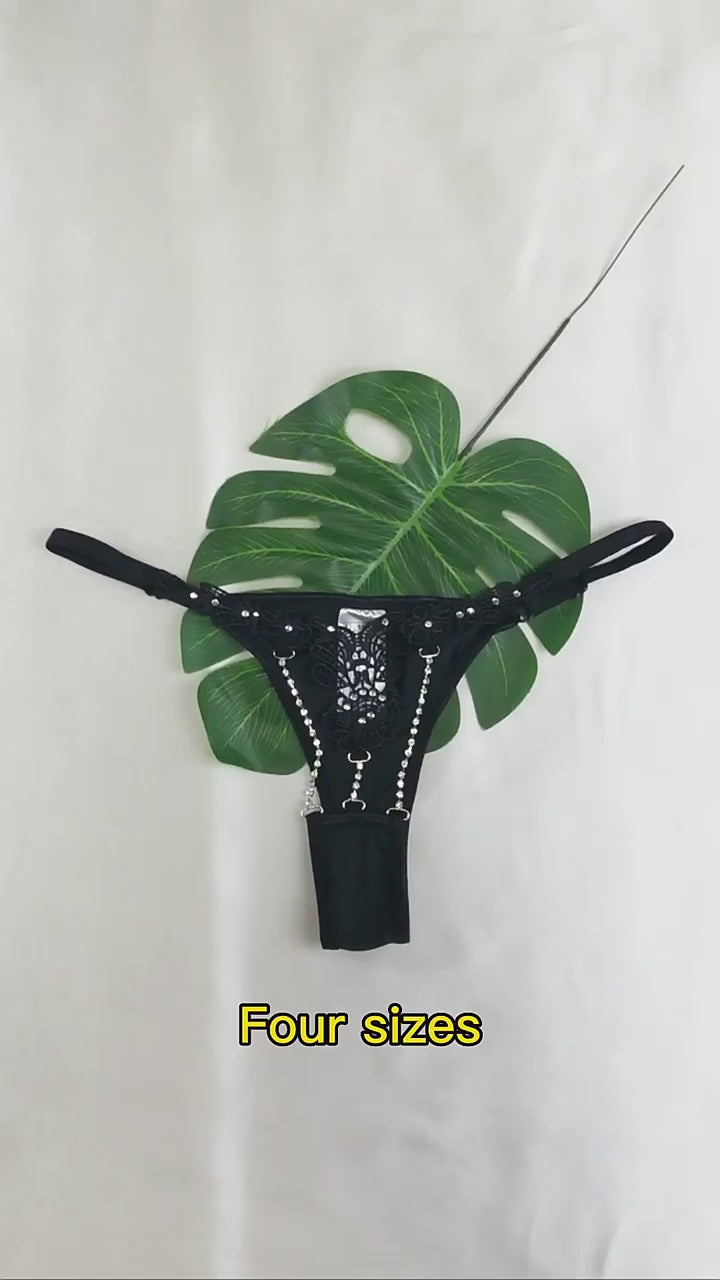 Women's Crotchless Lace Thong Panties Rhinestone Floral Embroidery